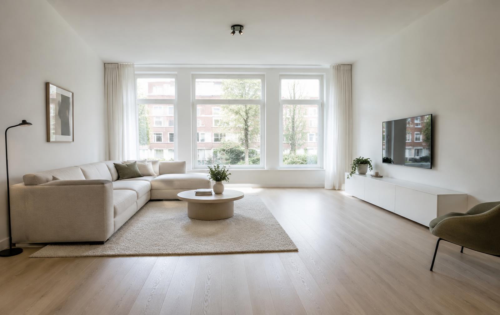 Volledig gerenoveerde woonkamer met strakke wanden en lichte laminaatvloer