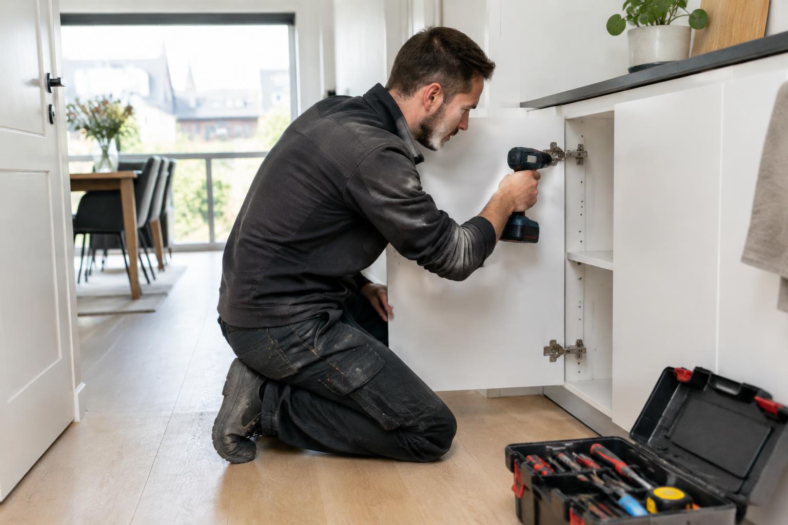 Vakman monteert kastdeur met accuschroefmachine